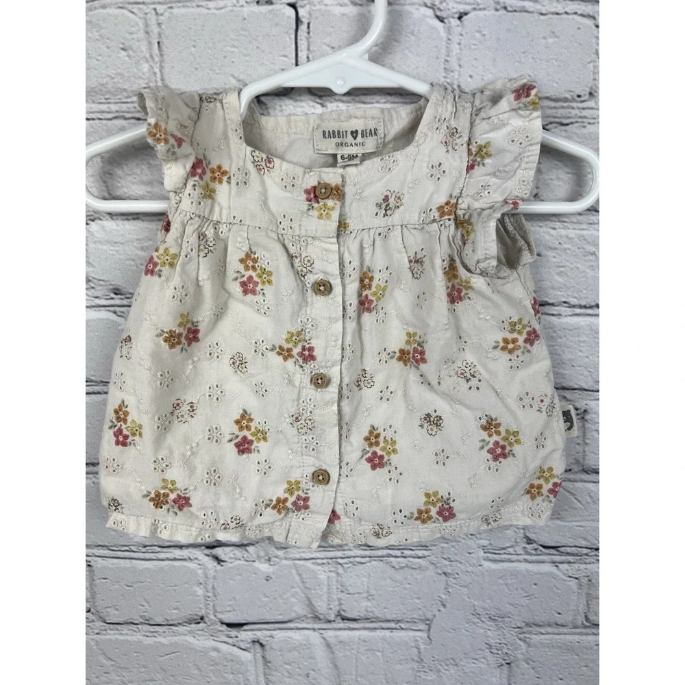 Rabbit Bear Organic‎ Cotton Baby Girl Top 6-9m Floral Eyelet Ruffle Flutter